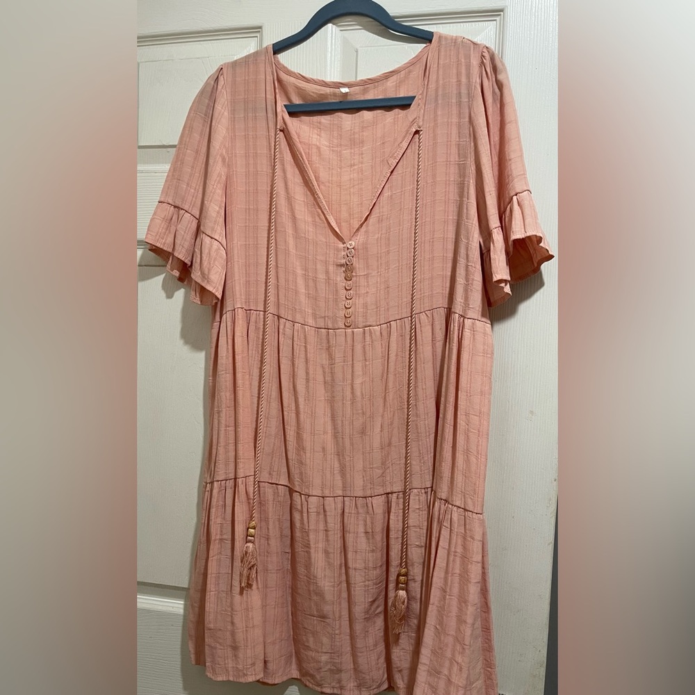 Women's Peach Ruffle Sleeve Mini Boho Dress with Tassels Size Large